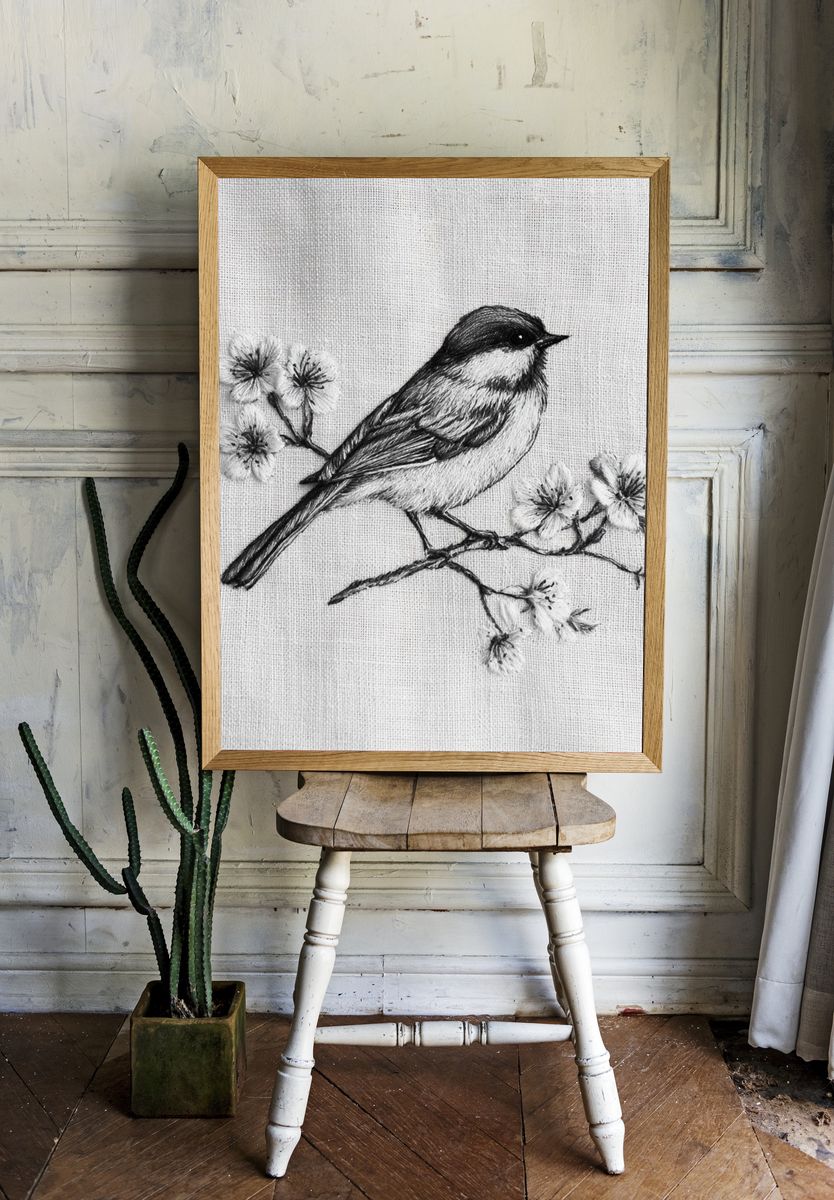Chickadee Blossom Sketch Poster. room preview