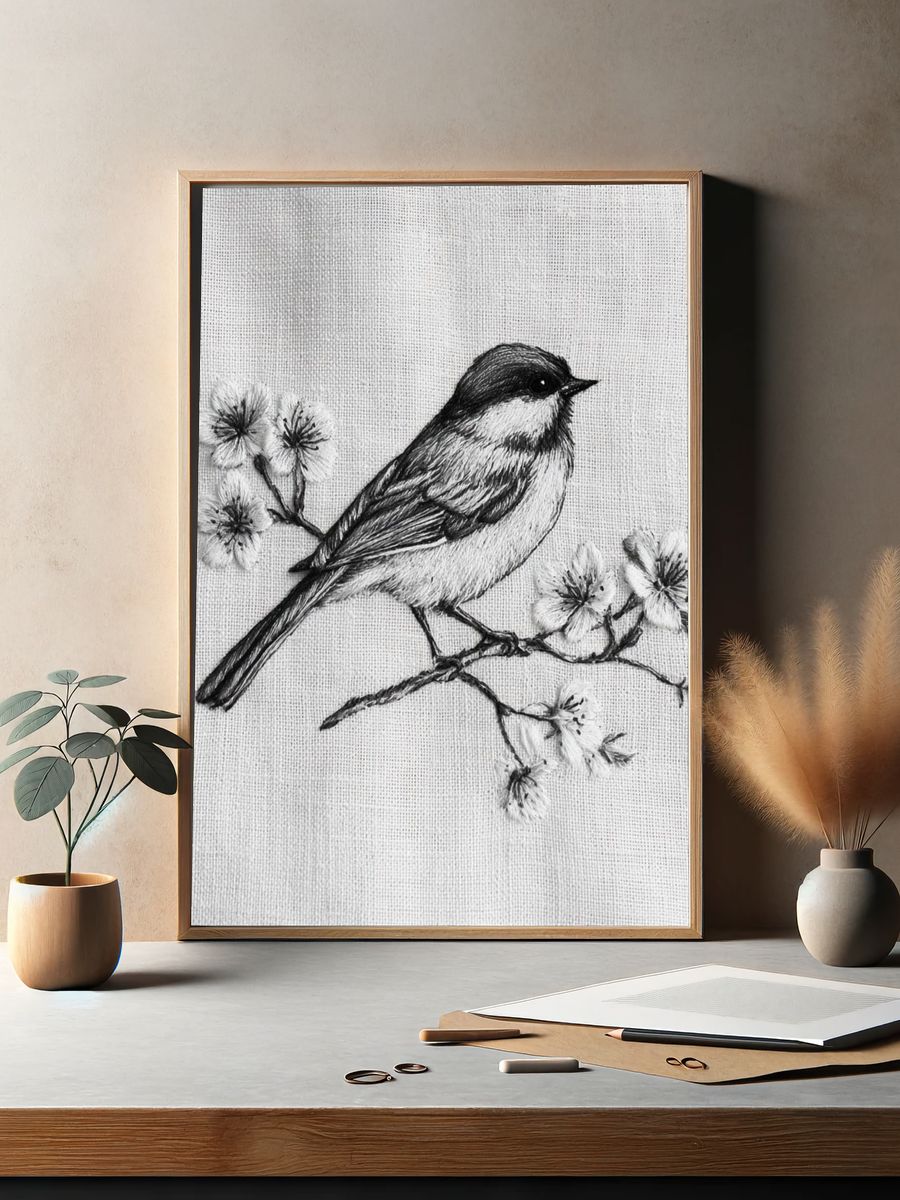 Chickadee Blossom Sketch Poster. — room view 2