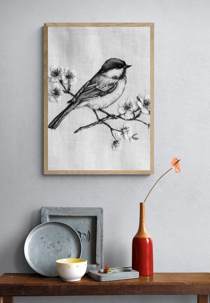 Chickadee Blossom Sketch Poster. — room view 3