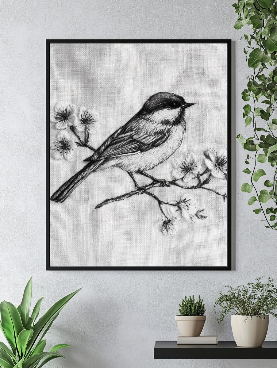 Chickadee Blossom Sketch Poster. — room view 4