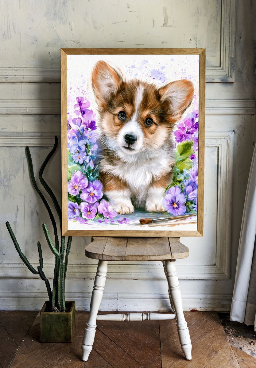 Corgi Floral Watercolor Poster. room preview