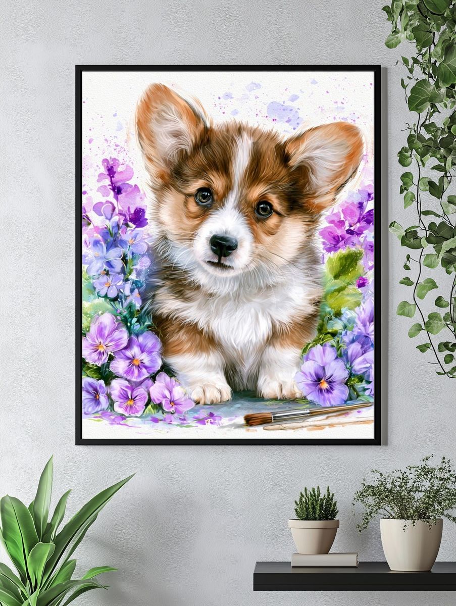 Corgi Floral Watercolor Poster. — room view 4