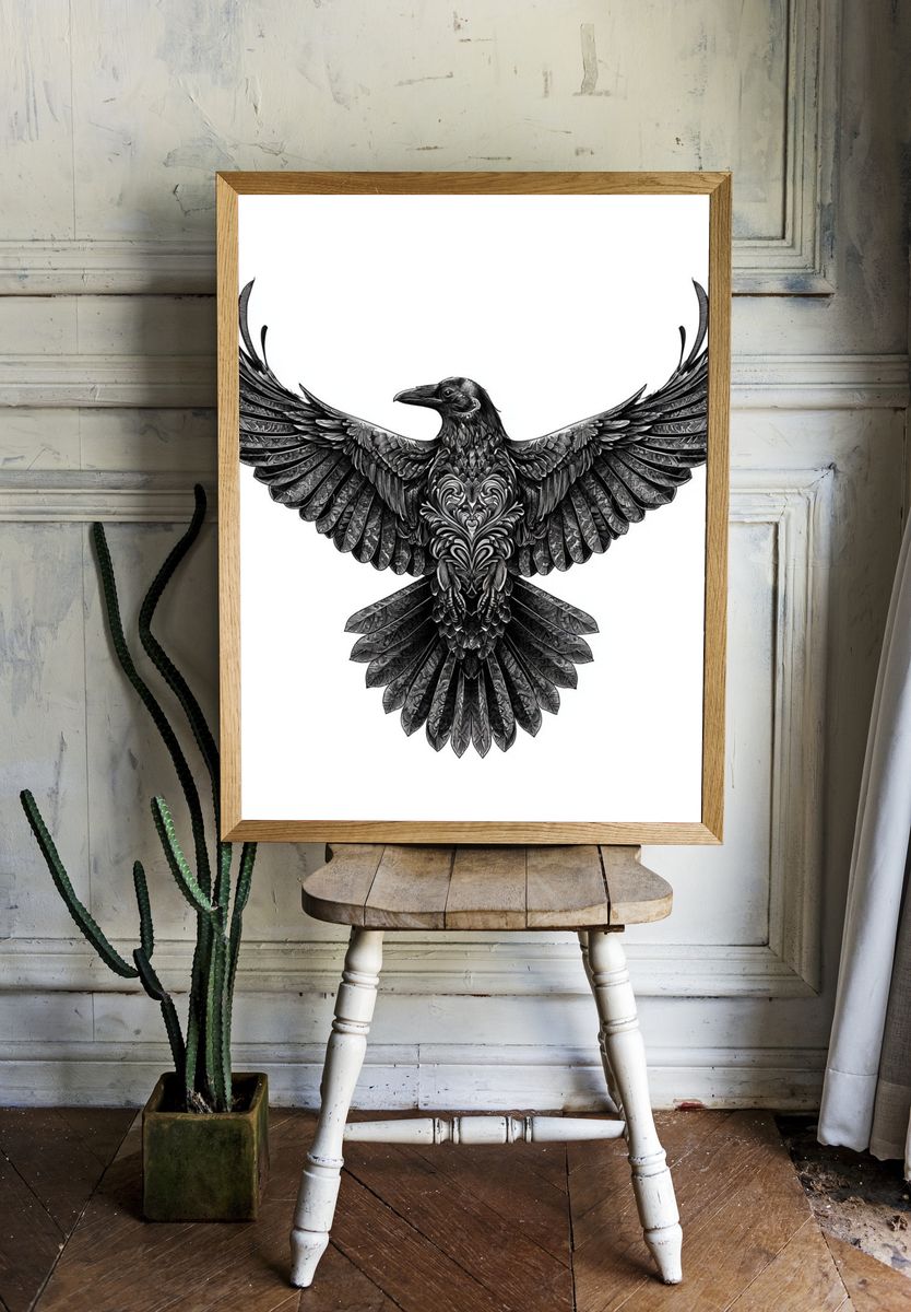 Raven Wings Black-White Print. room preview