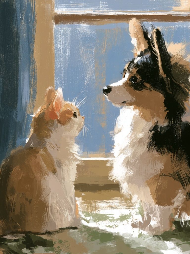 Cat and Dog by the Window Poster. poster — animals art