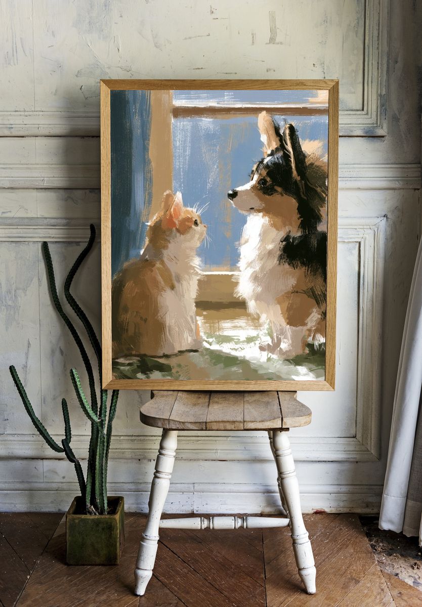 Cat and Dog by the Window Poster. room preview