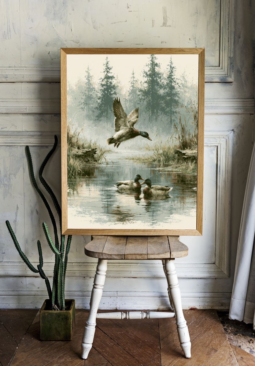 Misty Ducks Wetland Illustration Poster. room preview