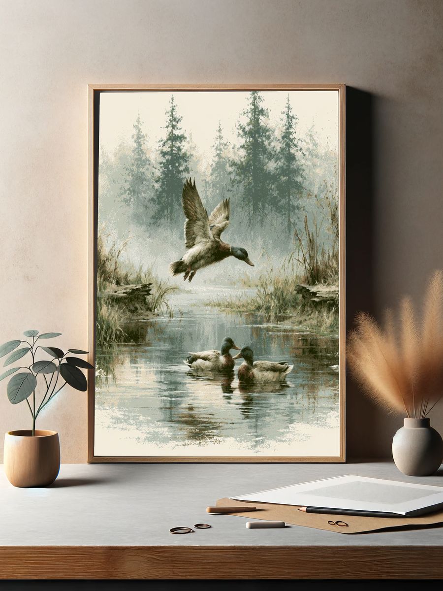 Misty Ducks Wetland Illustration Poster. — room view 2