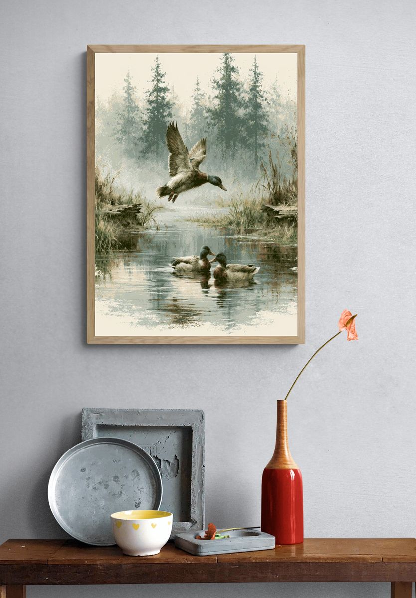 Misty Ducks Wetland Illustration Poster. — room view 3