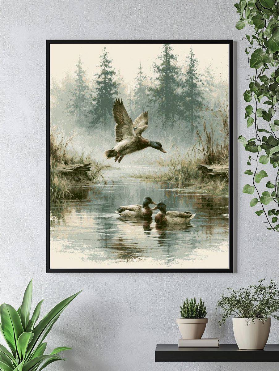 Misty Ducks Wetland Illustration Poster. — room view 4