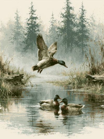 Misty Ducks Wetland Illustration Poster.