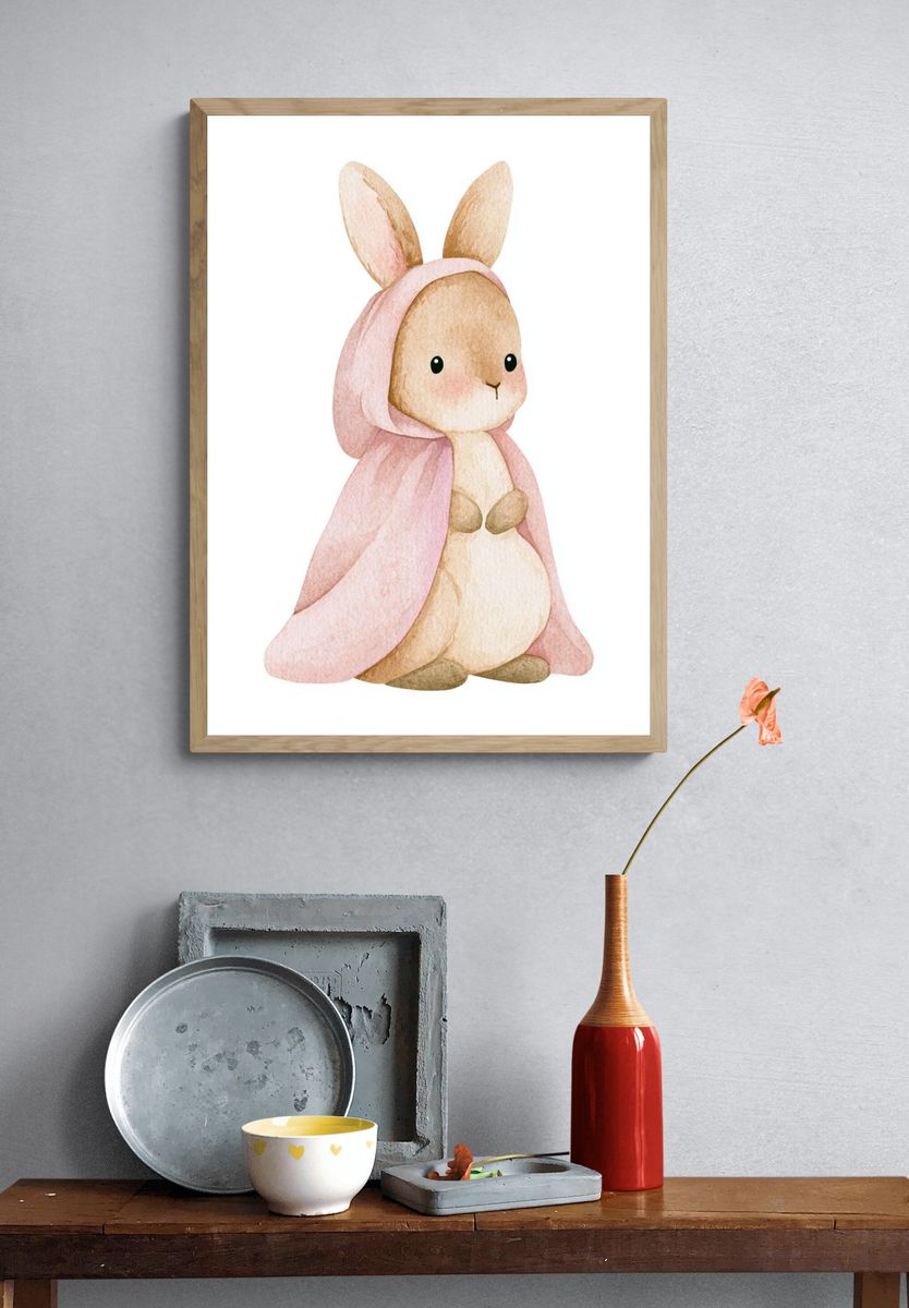 Pink Bunny Watercolor Poster. — room view 3