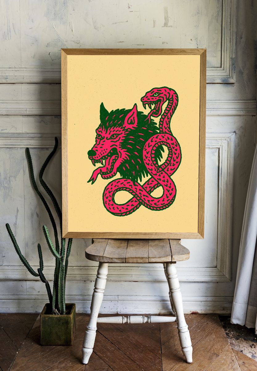 Wolf and Snake Illustration Poster. — room view 1