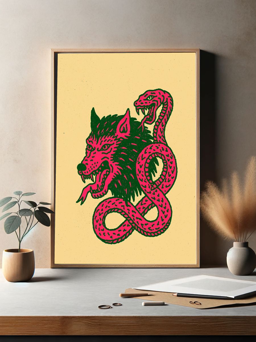 Wolf and Snake Illustration Poster. — room view 2