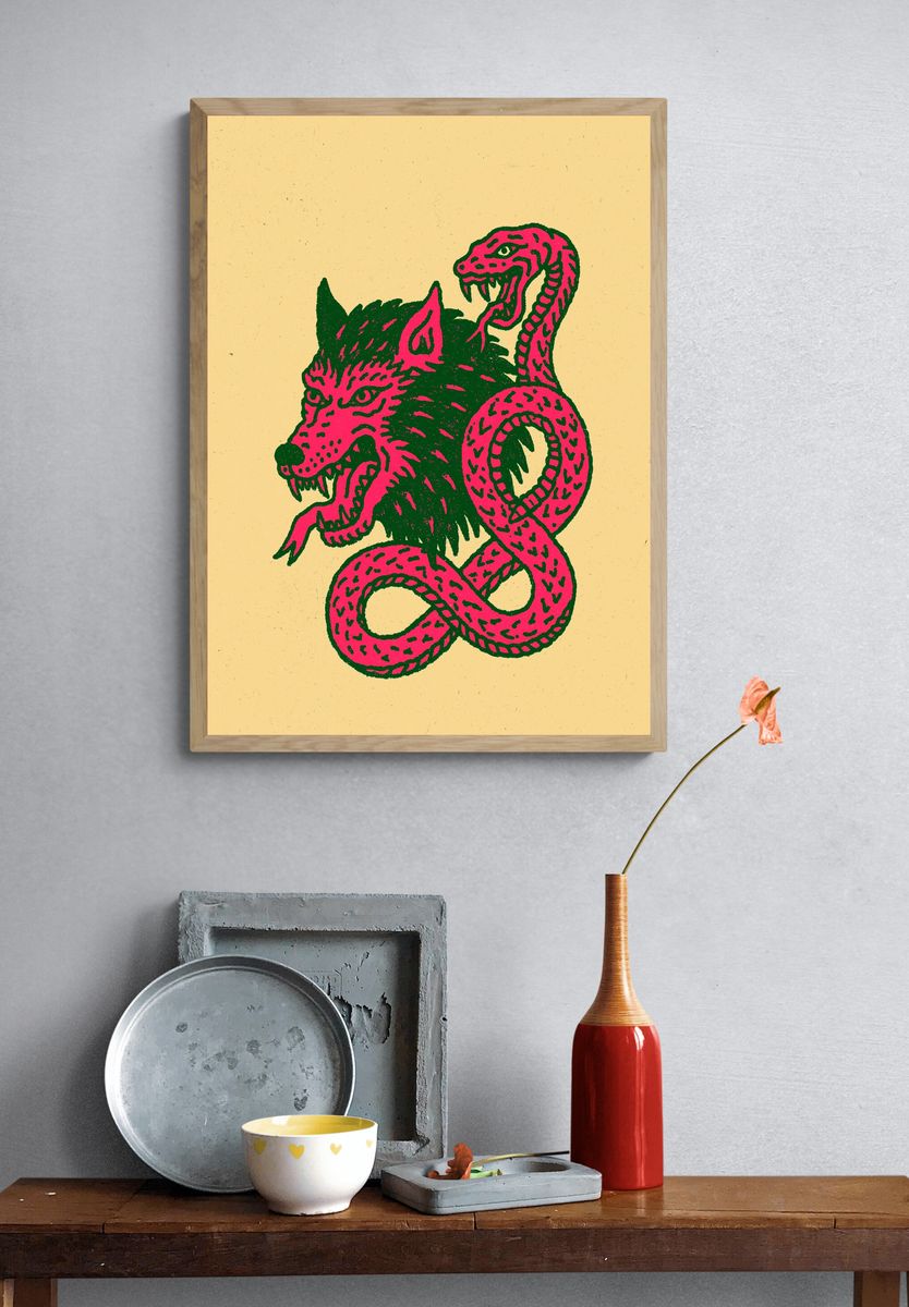 Wolf and Snake Illustration Poster. — room view 3