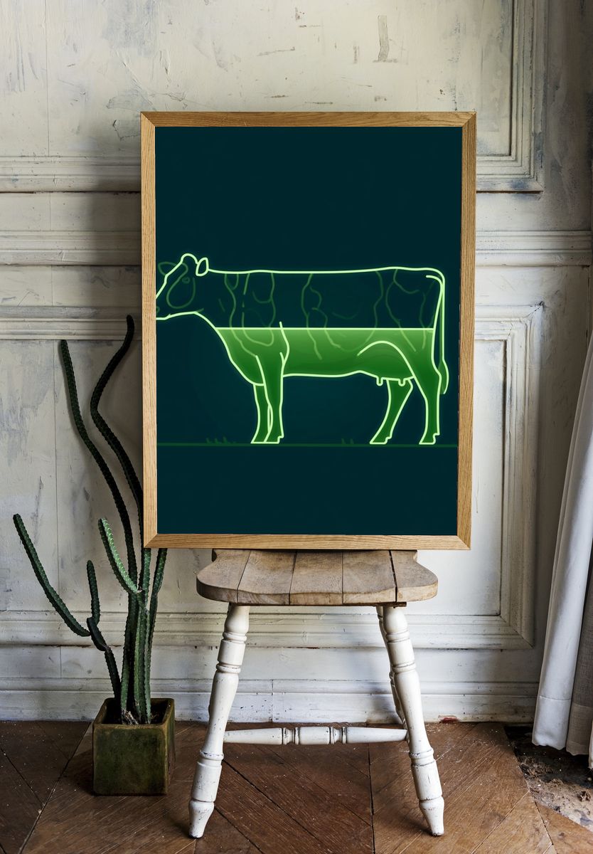 Neon Cow Line Art Poster. — room view 1