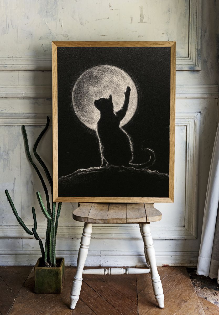 Moonlit Cat Silhouette Print. room preview