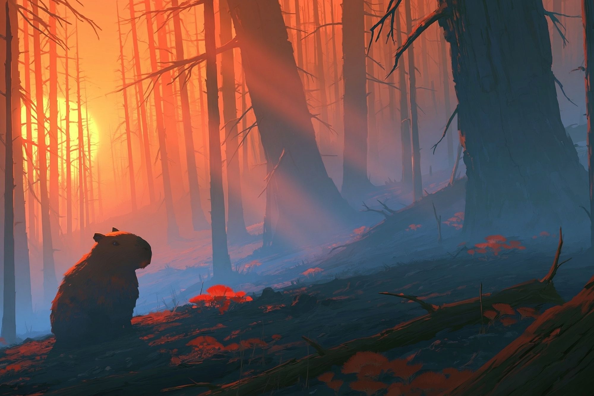 Capybara Forest Sunrise Illustration Poster. poster detail