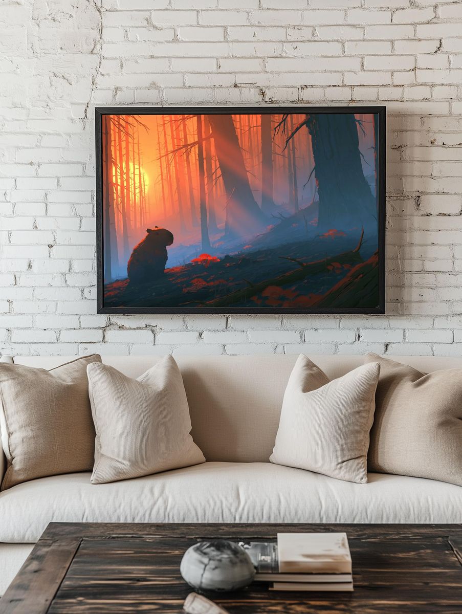 Capybara Forest Sunrise Illustration Poster. room preview