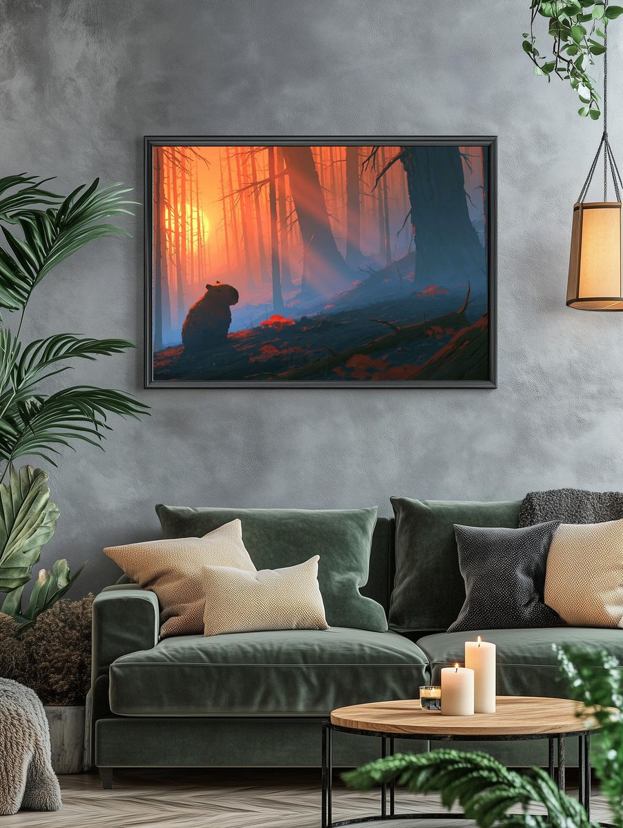 Capybara Forest Sunrise Illustration Poster. — room view 4