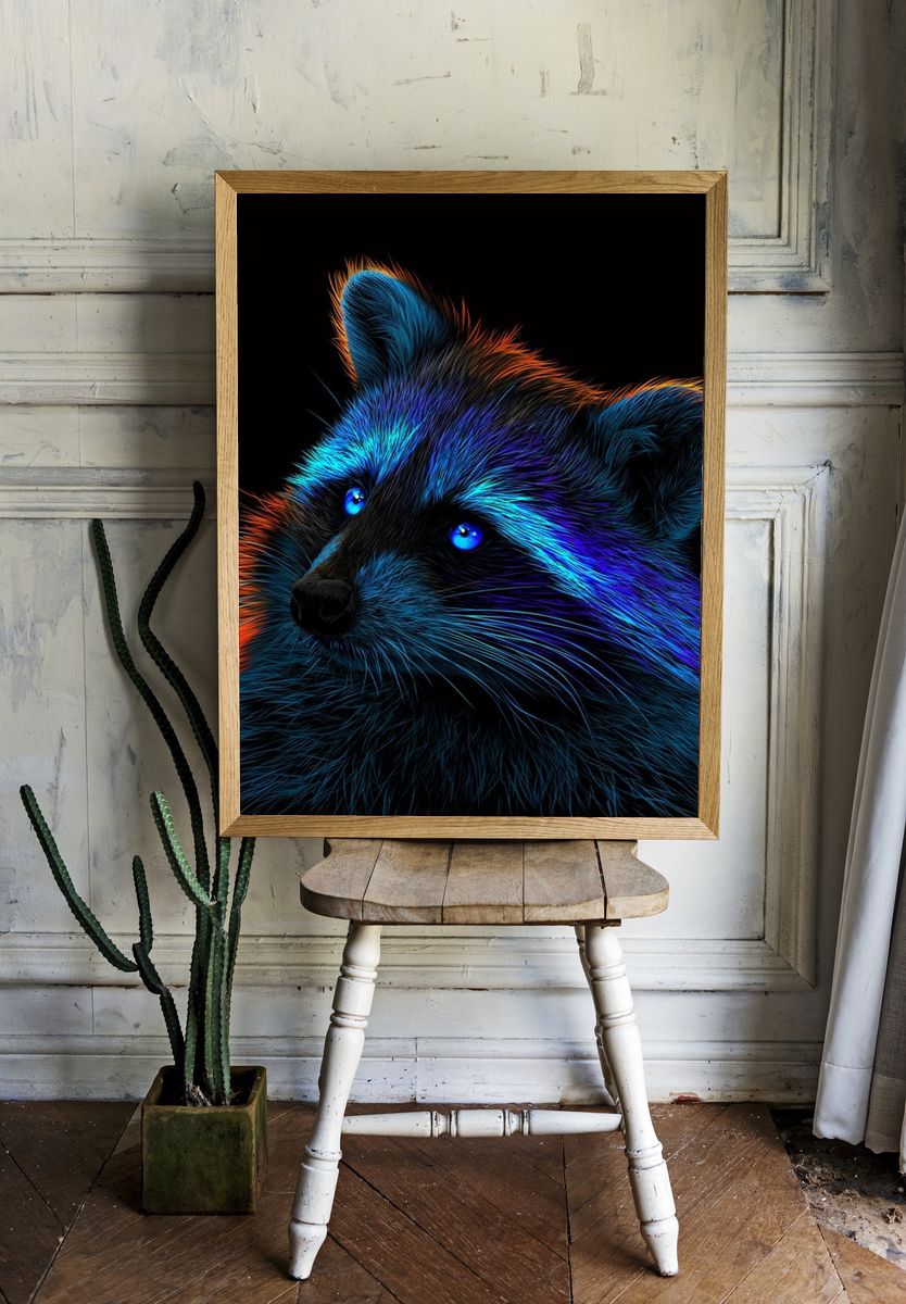 Neon Raccoon Portrait Print. room preview