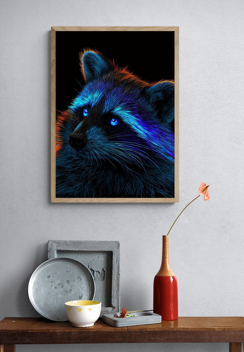 Neon Raccoon Portrait Print. — room view 3
