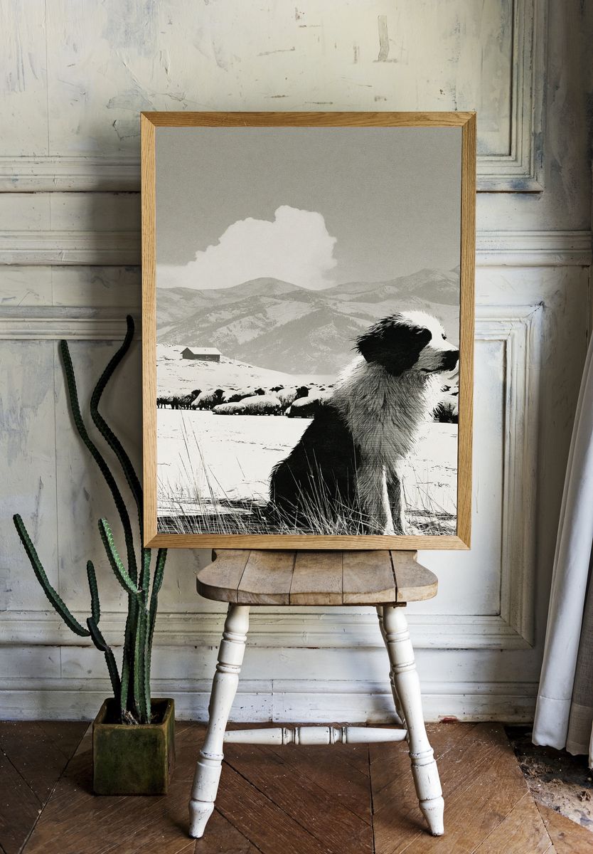 Border Collie in Snowy Mountains Print. — room view 1