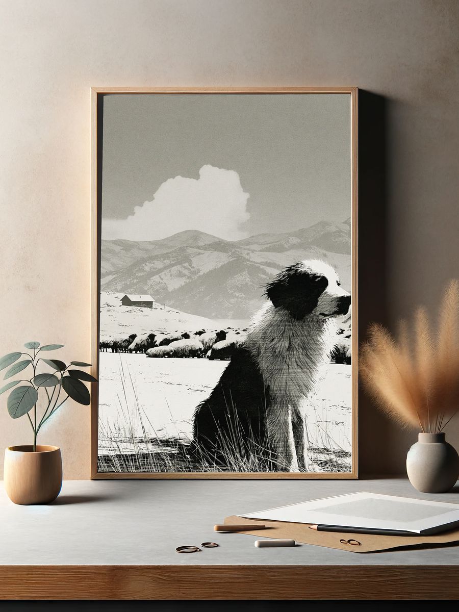 Border Collie in Snowy Mountains Print. — room view 2