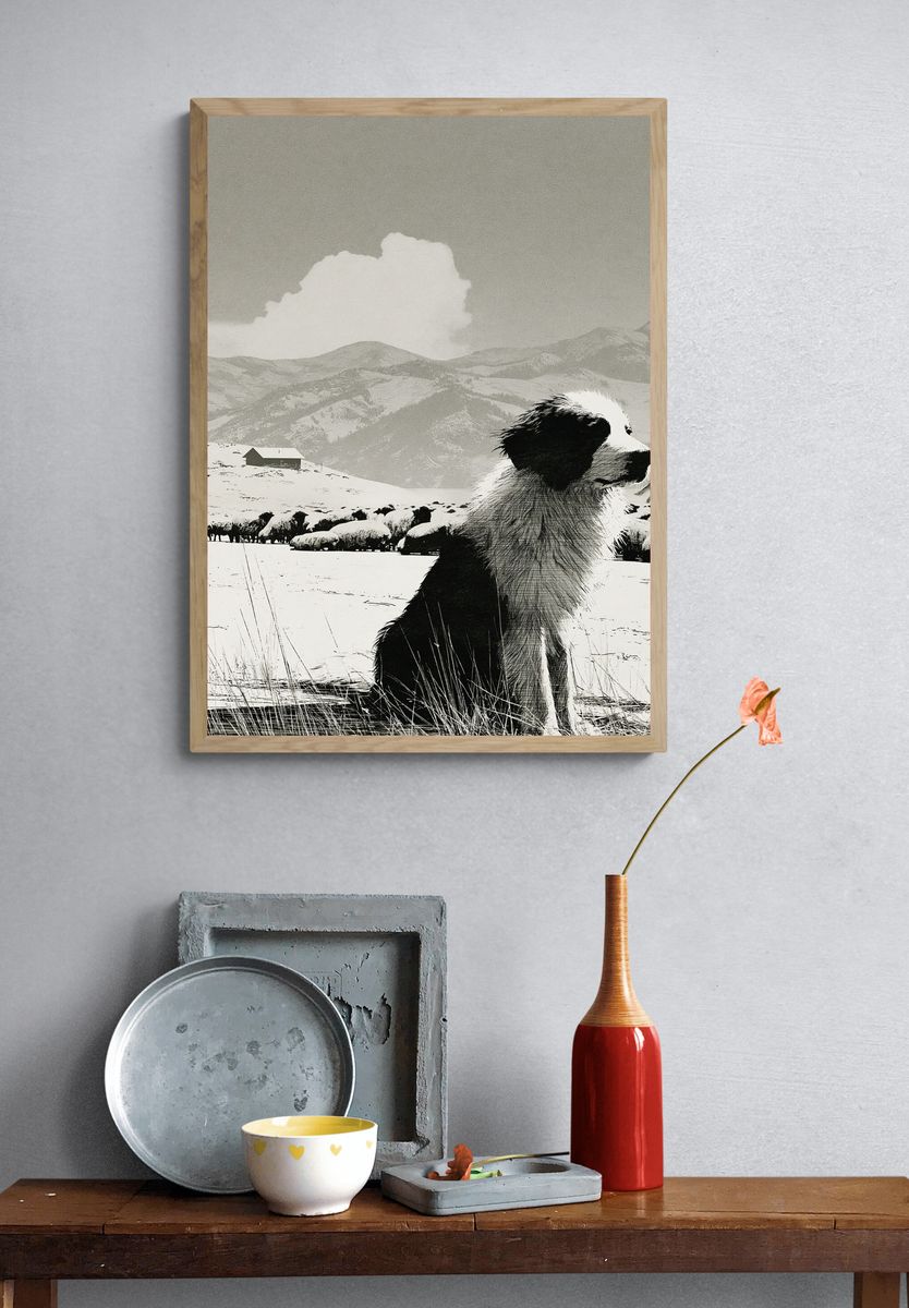 Border Collie in Snowy Mountains Print. — room view 3