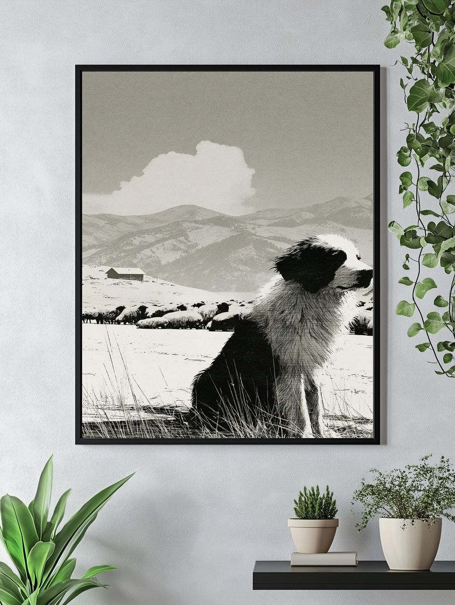 Border Collie in Snowy Mountains Print. — room view 4