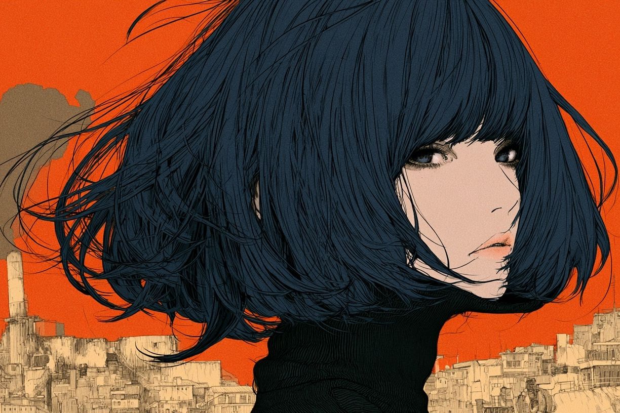 Blue-Haired Girl Cityscape Illustration Poster. poster — anime art