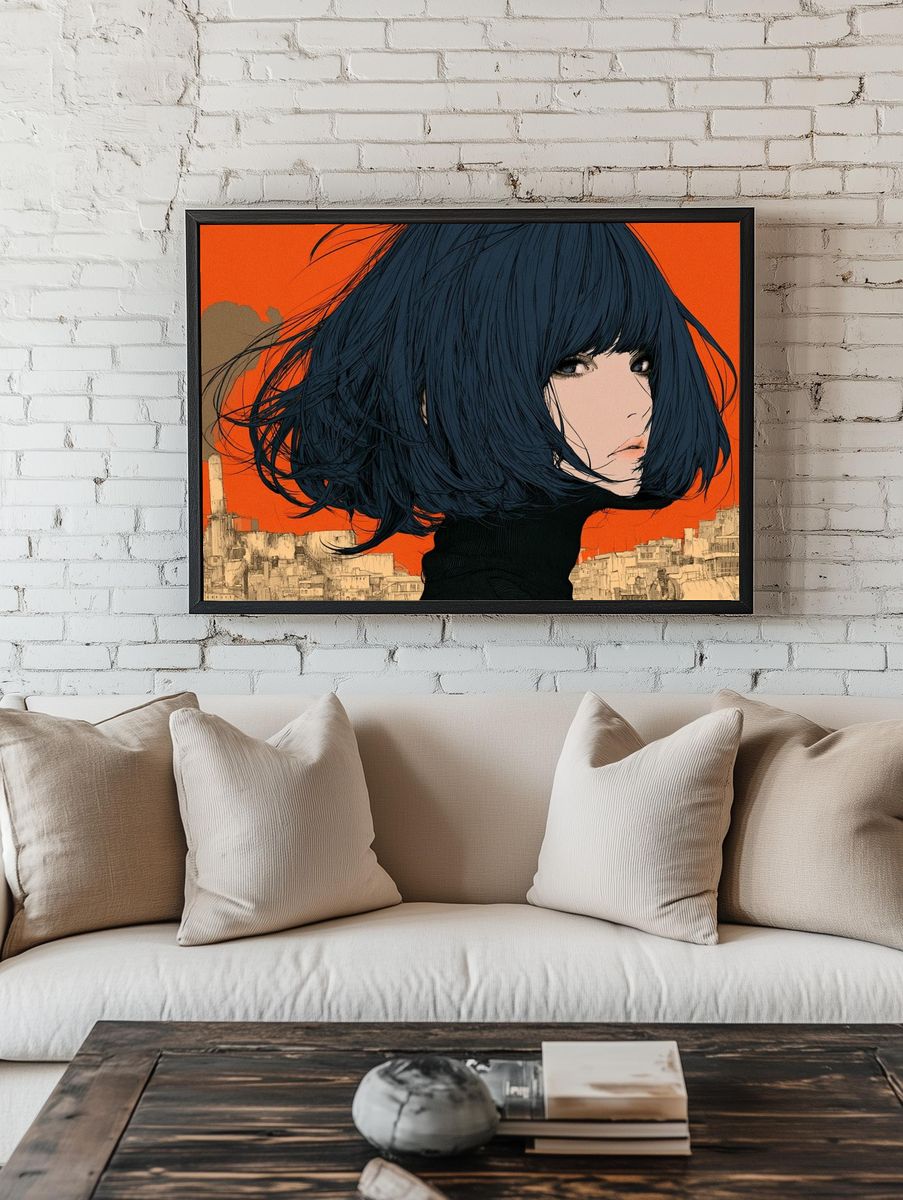 Blue-Haired Girl Cityscape Illustration Poster. — room view 1