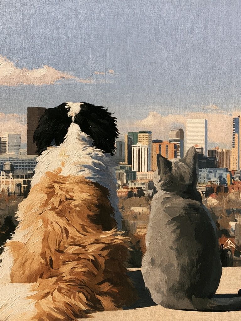 City View with Dog and Cat Poster. poster — animals art