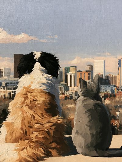 City View with Dog and Cat Poster.