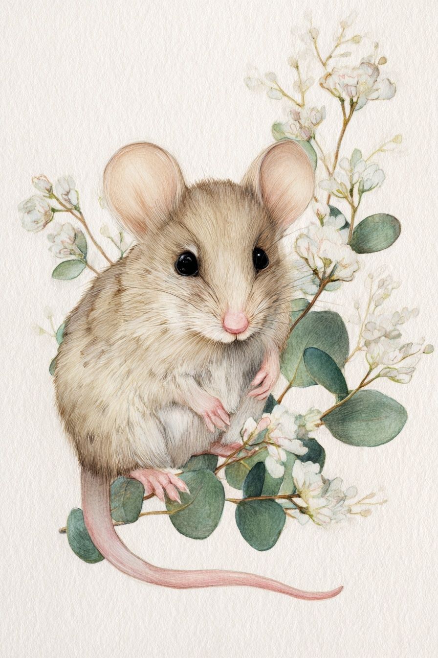 Mouse and Blossoms Watercolor Print. poster — animals art