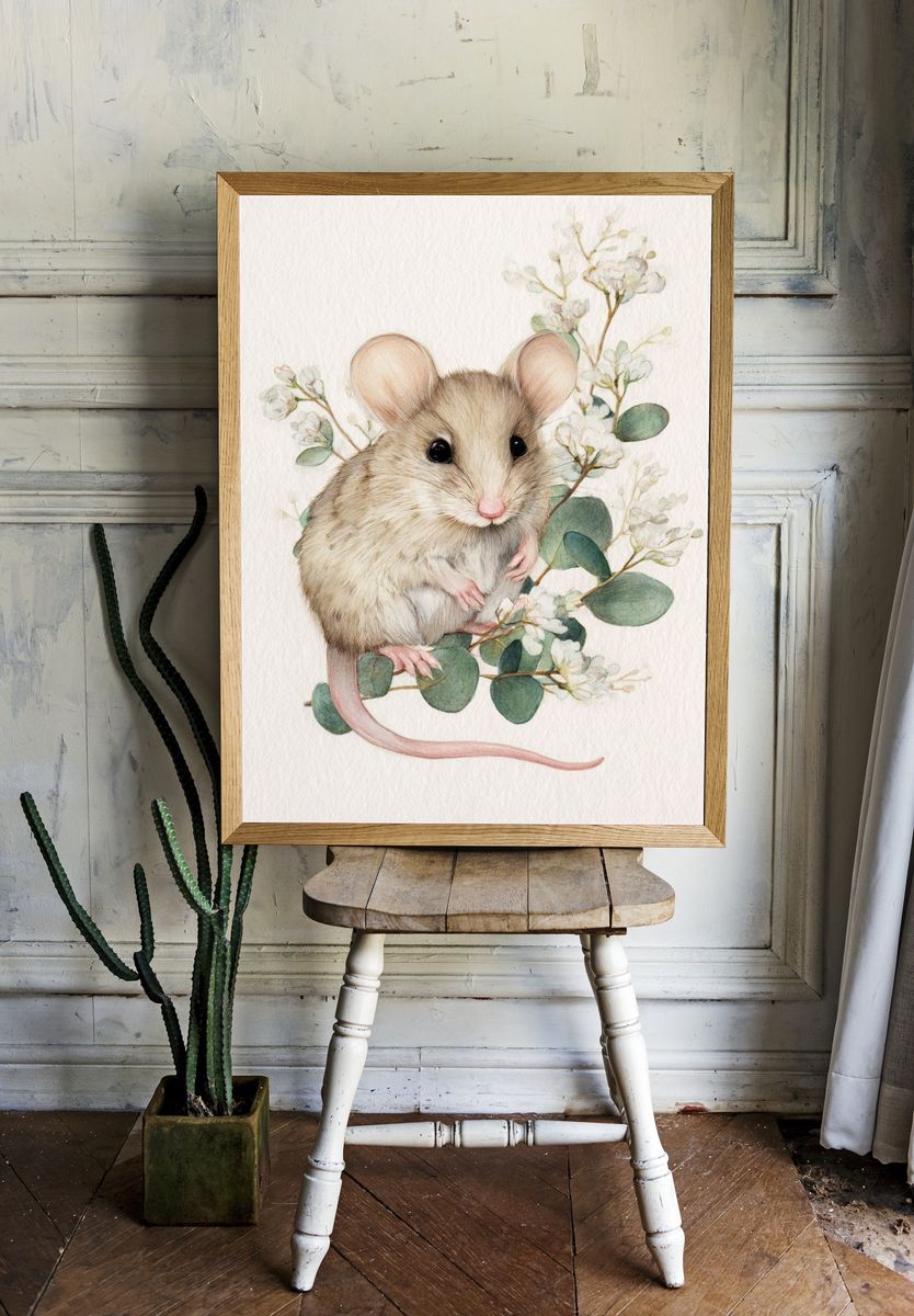 Mouse and Blossoms Watercolor Print. — room view 1