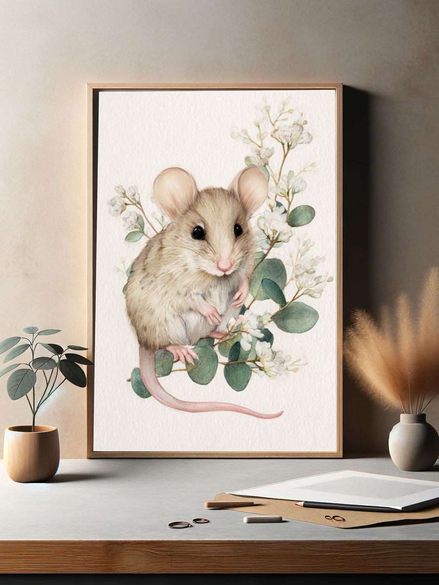 Mouse and Blossoms Watercolor Print. — room view 2