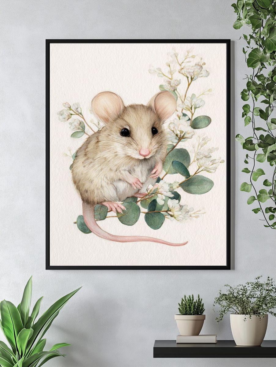 Mouse and Blossoms Watercolor Print. — room view 4