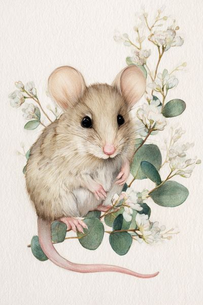 Mouse and Blossoms Watercolor Print. poster