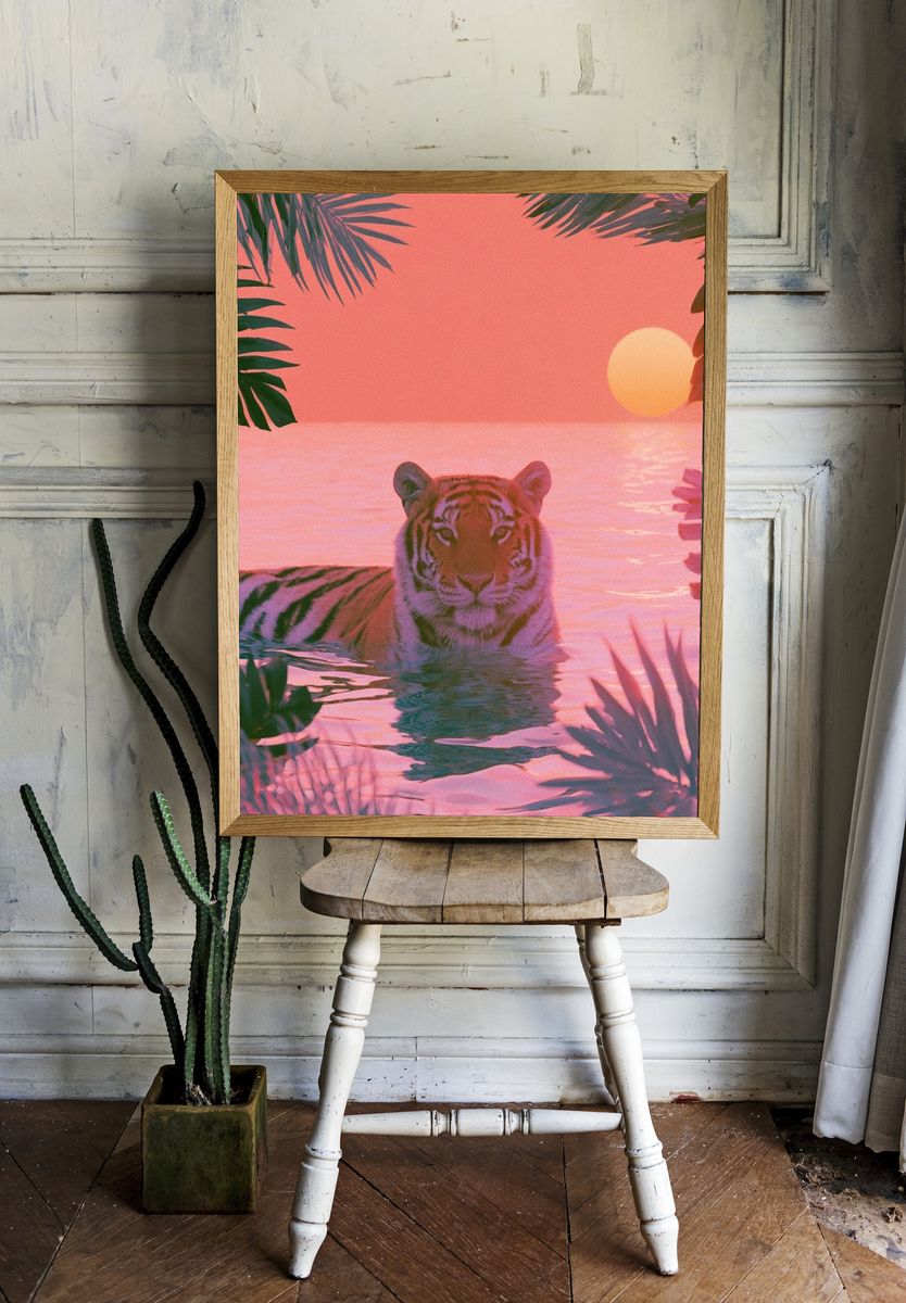Pink Tiger Sunset Illustration Poster. room preview