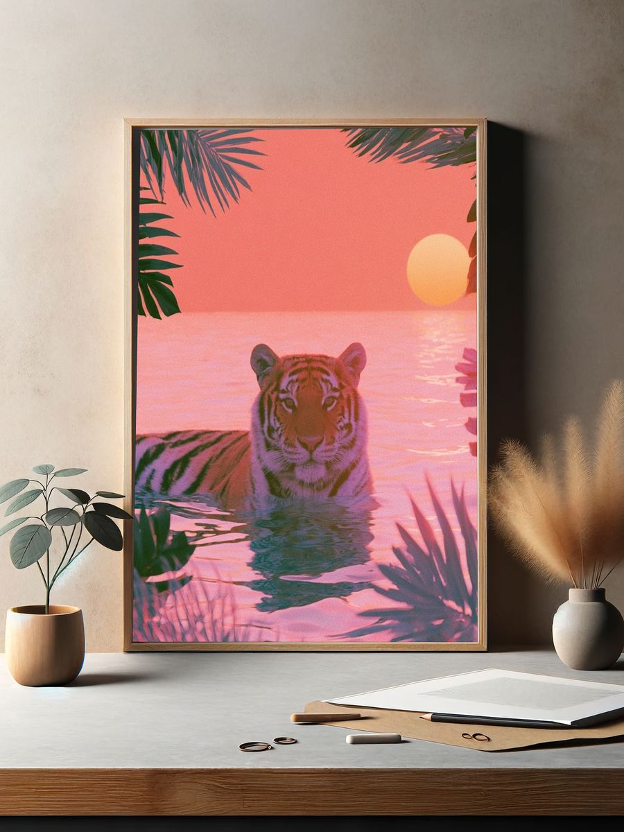 Pink Tiger Sunset Illustration Poster. — room view 2