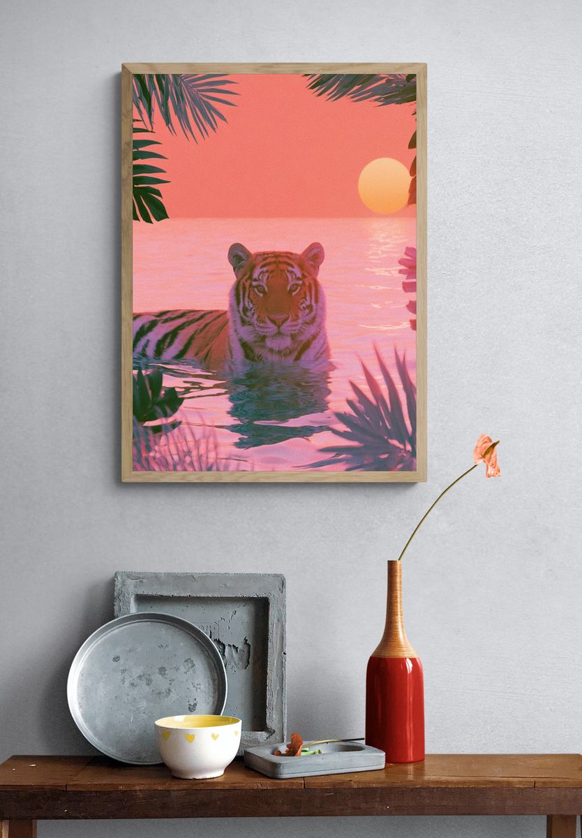 Pink Tiger Sunset Illustration Poster. — room view 3