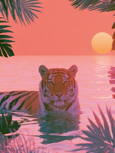 Pink Tiger Sunset Illustration Poster.