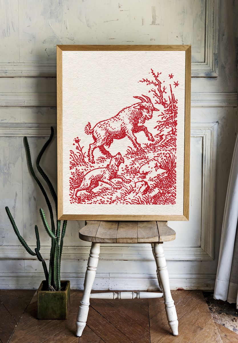 Red Goat in Meadow Illustration Poster. room preview