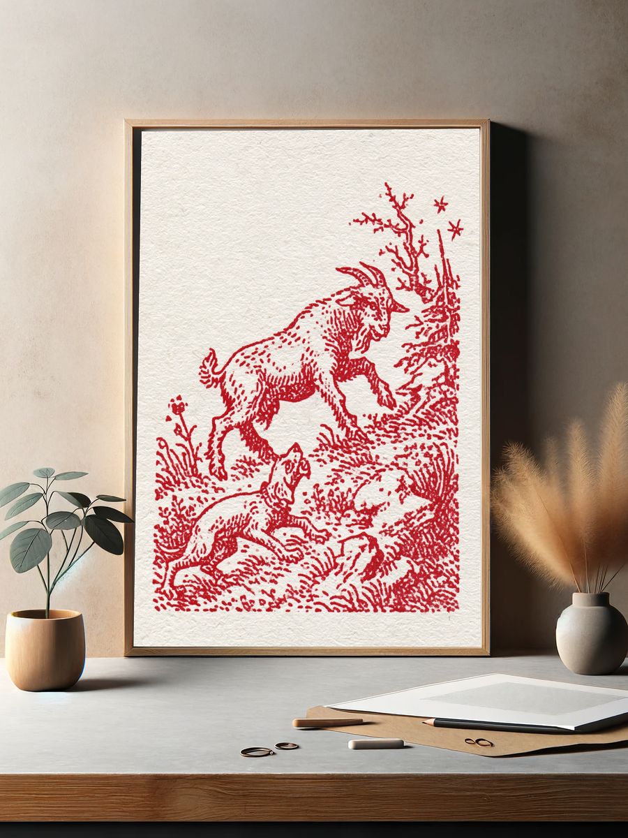 Red Goat in Meadow Illustration Poster. — room view 2
