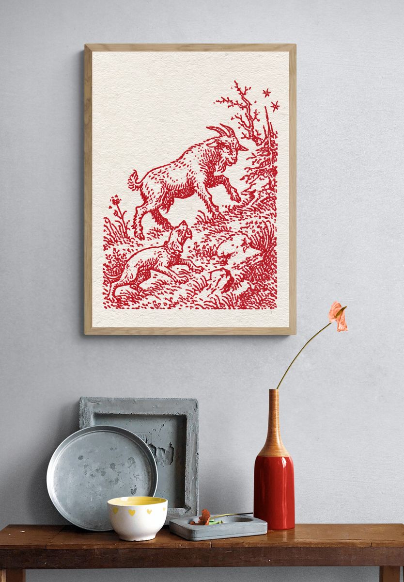 Red Goat in Meadow Illustration Poster. — room view 3