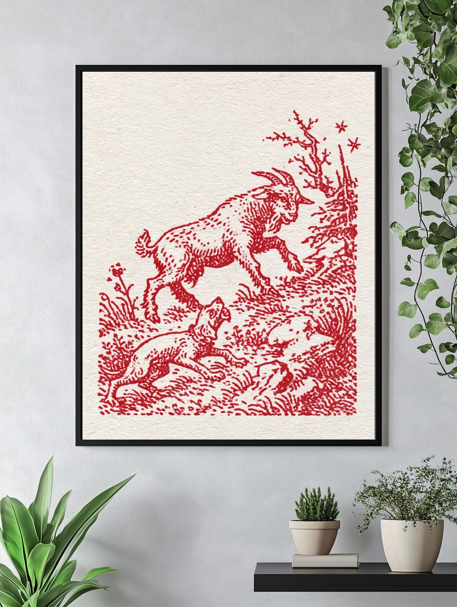 Red Goat in Meadow Illustration Poster. — room view 4