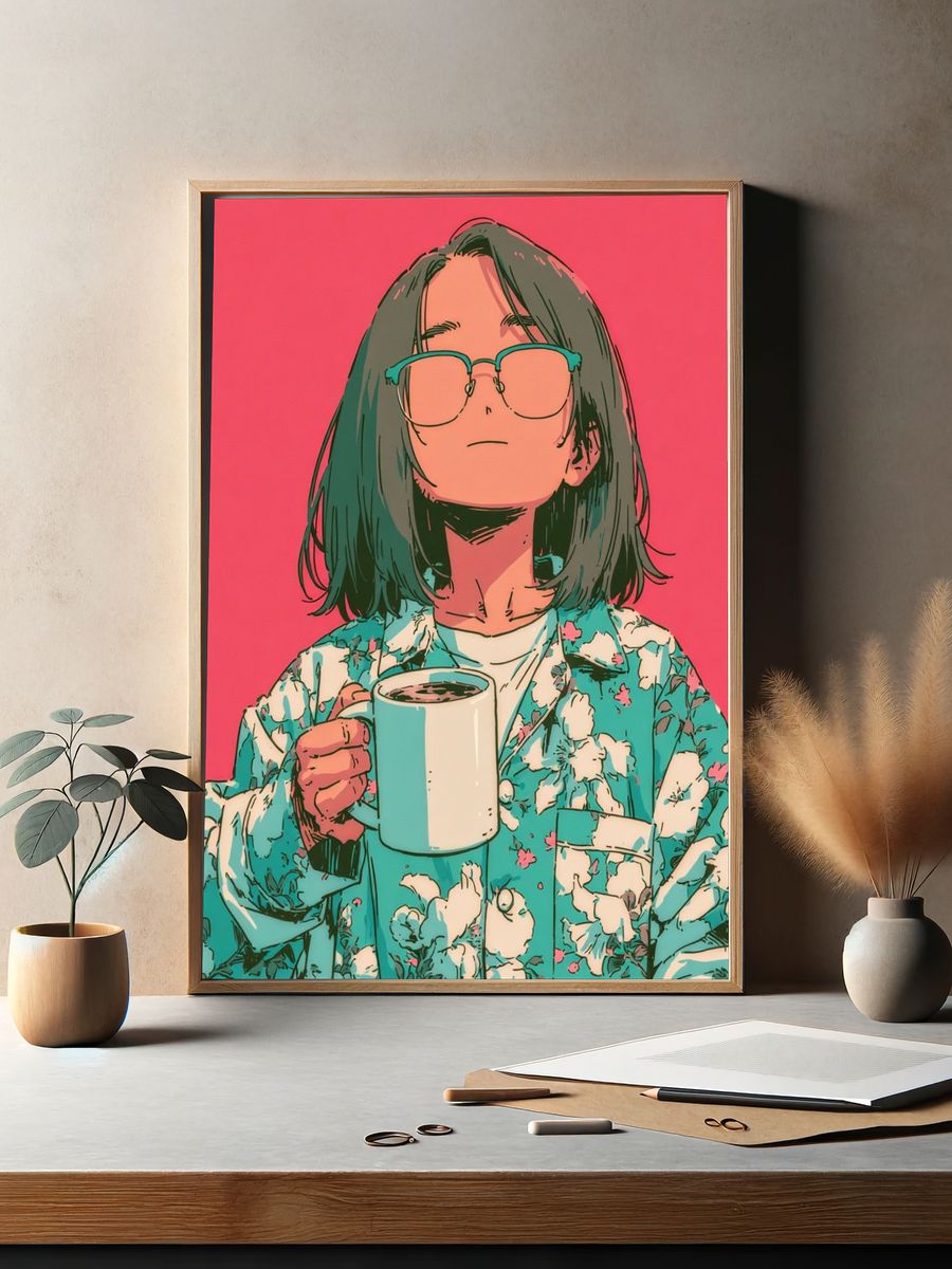 Coffee Break Portrait Illustration Poster. — room view 2