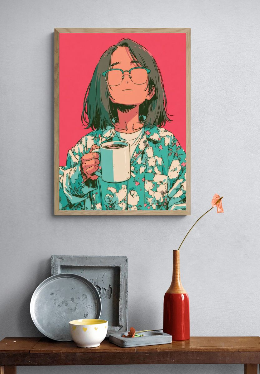 Coffee Break Portrait Illustration Poster. — room view 3