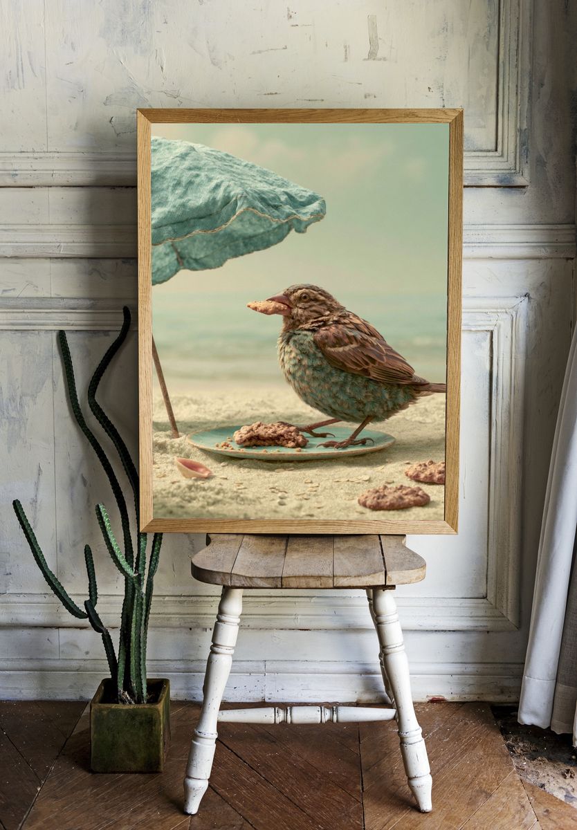 Seaside Bird with Umbrella Print. room preview