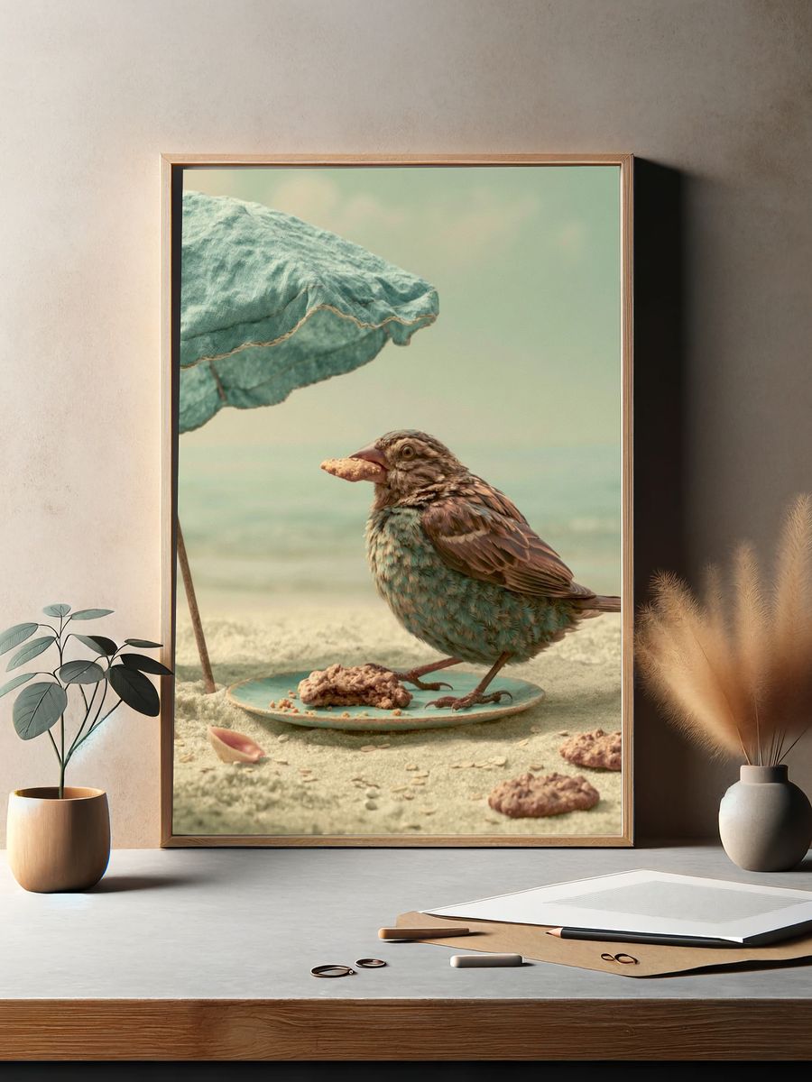 Seaside Bird with Umbrella Print. — room view 2